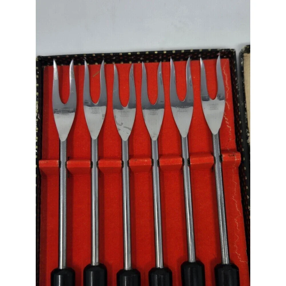 VINTAGE STAINLESS STEEL BLACK HANDLE FONDUE FORKS SET OF 6 WITH BOX FRANCE MCM